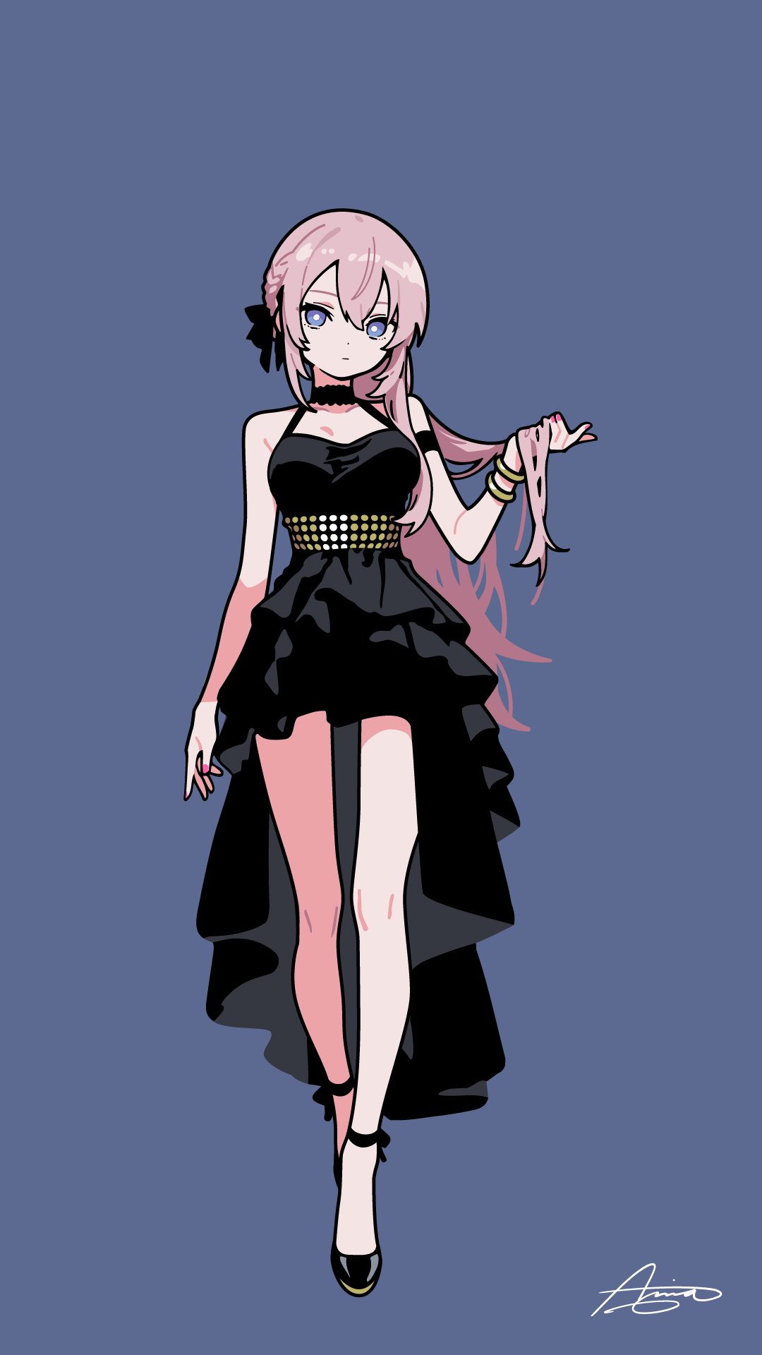 1girl, alternate_costume, ameniwa, bare_shoulders, black_dress, black_ribbon, black_shoes, blue_background