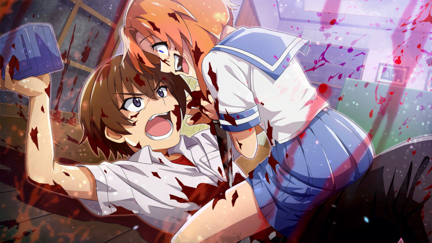 1boy, 1girl, alarm_clock, black_pants, blood, blood_on_arm, blood_on_clothes, blood_on_face