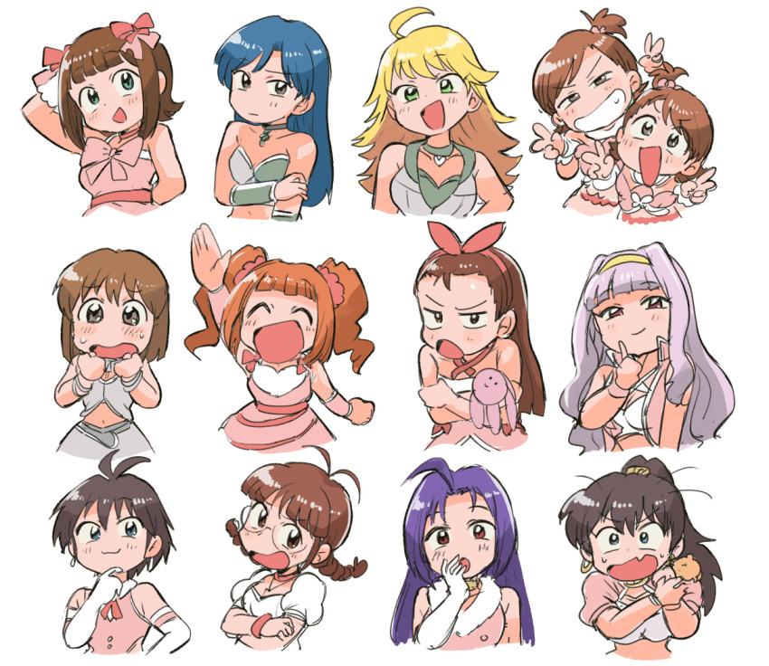 6+girls, ahoge, akizuki_ritsuko, amami_haruka, antenna_hair, arm_up, black_hair, blonde_hair, blue_hair, blush, bow, brilliant_pearl_(idolmaster), brown_eyes, brown_hair, closed_eyes, closed_mouth, cool_&amp;_sexy_(idolmaster), cropped_torso, crossed_arms, cute_&amp;_girly_(idolmaster), deformed, double_v, dress, earrings, elbow_gloves, everyone, fang, fur-trimmed_dress, fur_trim, futami_ami, futami_mami, ganaha_hibiki, glasses, gloves, green_eyes, grey_hair, grin, hagiwara_yukiho, hair_bow, hair_ornament, hair_scrunchie, hairband, hamster, hamuzou, hand_to_own_mouth, holding, holding_own_arm, holding_stuffed_toy, hoop_earrings, hoshii_miki, idolmaster, idolmaster_(classic), idolmaster_1, jewelry, kikuchi_makoto, king_of_pearl_360_(idolmaster), kisaragi_chihaya, long_hair, looking_at_viewer, minase_iori, miura_azusa, multiple_girls, open_mouth, orange_hair, pink_bow, pink_dress, pink_hairband, ponytail, scrunchie, shijou_takane, short_hair, side_ponytail, simple_background, skin_fang, smile, snow_strawberry_(idolmaster), strapless, strapless_dress, stuffed_animal, stuffed_rabbit, stuffed_toy, takatsuki_yayoi, tears, tsubobot, twintails, usa-chan_(idolmaster), v, violet_eyes, white_background, white_gloves, yellow_hairband