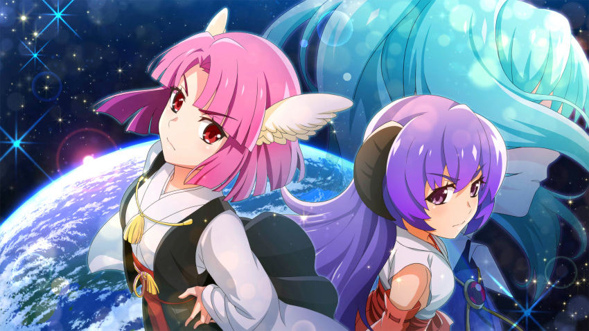 3girls, angel_wings, aqua_hair, blue_dress, closed_mouth, cowboy_shot, dress, earth_(planet)