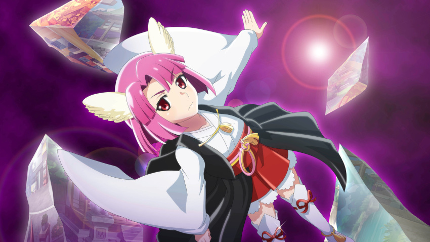 1girl, angel_wings, closed_mouth, dutch_angle, feet_out_of_frame, game_cg, hakama, hakama_skirt