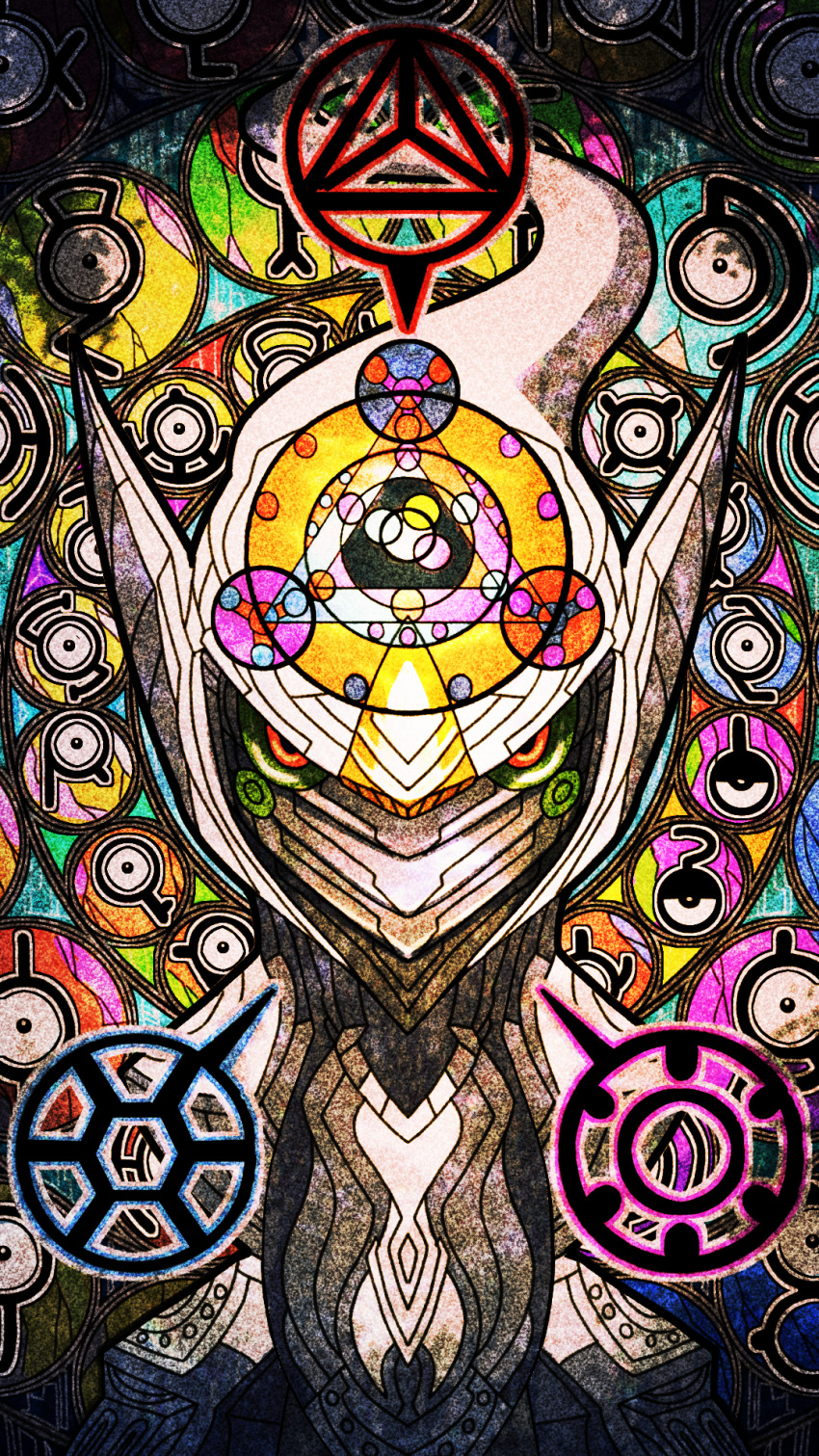 arceus, colored_sclera, commentary_request, green_sclera, highres, looking_at_viewer, miyagawa_(maxggguys), no_humans