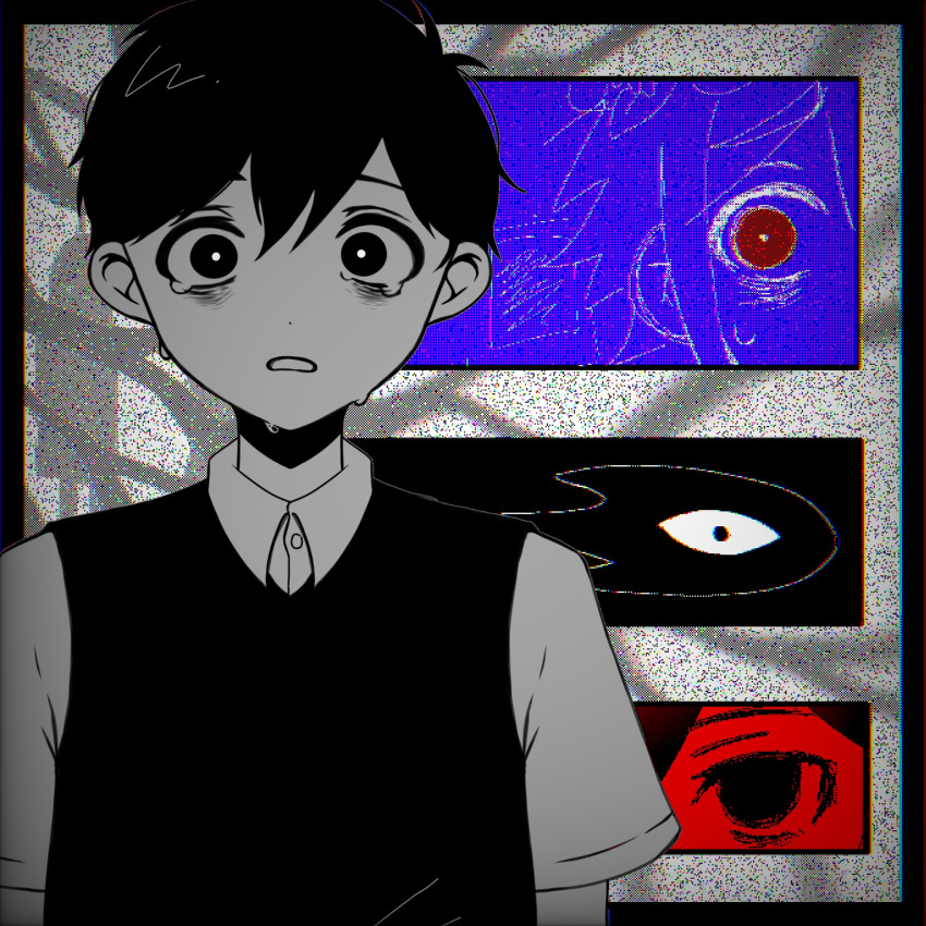 1girl, 3boys, basil_(headspace)_(omori), basil_(omori), black_eyes, black_hair, black_sweater_vest, bright_pupils