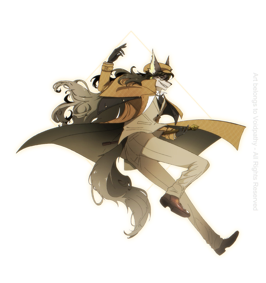 1boy, absurdres, animal_ears, black_gloves, black_sclera, cane, colored_sclera, deerstalker