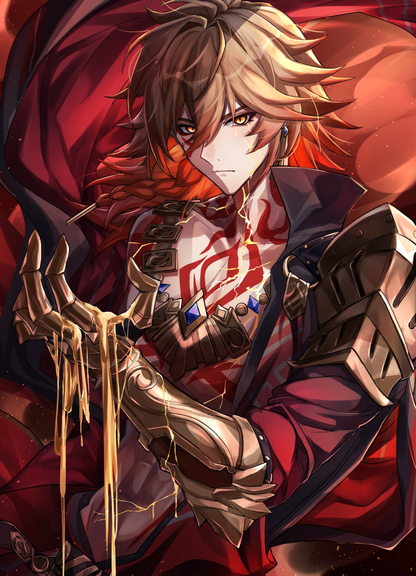 1boy, abs, absurdres, black_coat, blonde_hair, braid, cape, chest_tattoo