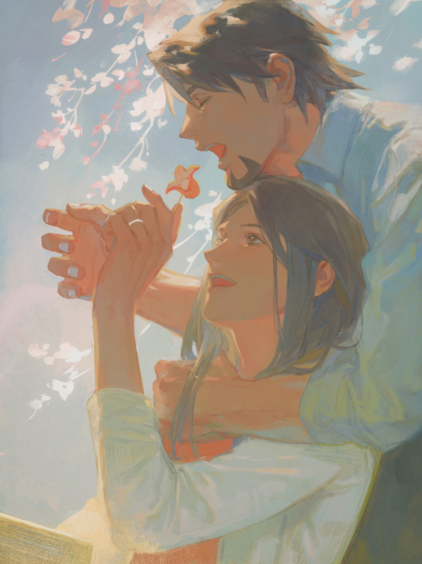 1boy, 1girl, absurdres, branch, brown_hair, closed_eyes, couple, creamyghost