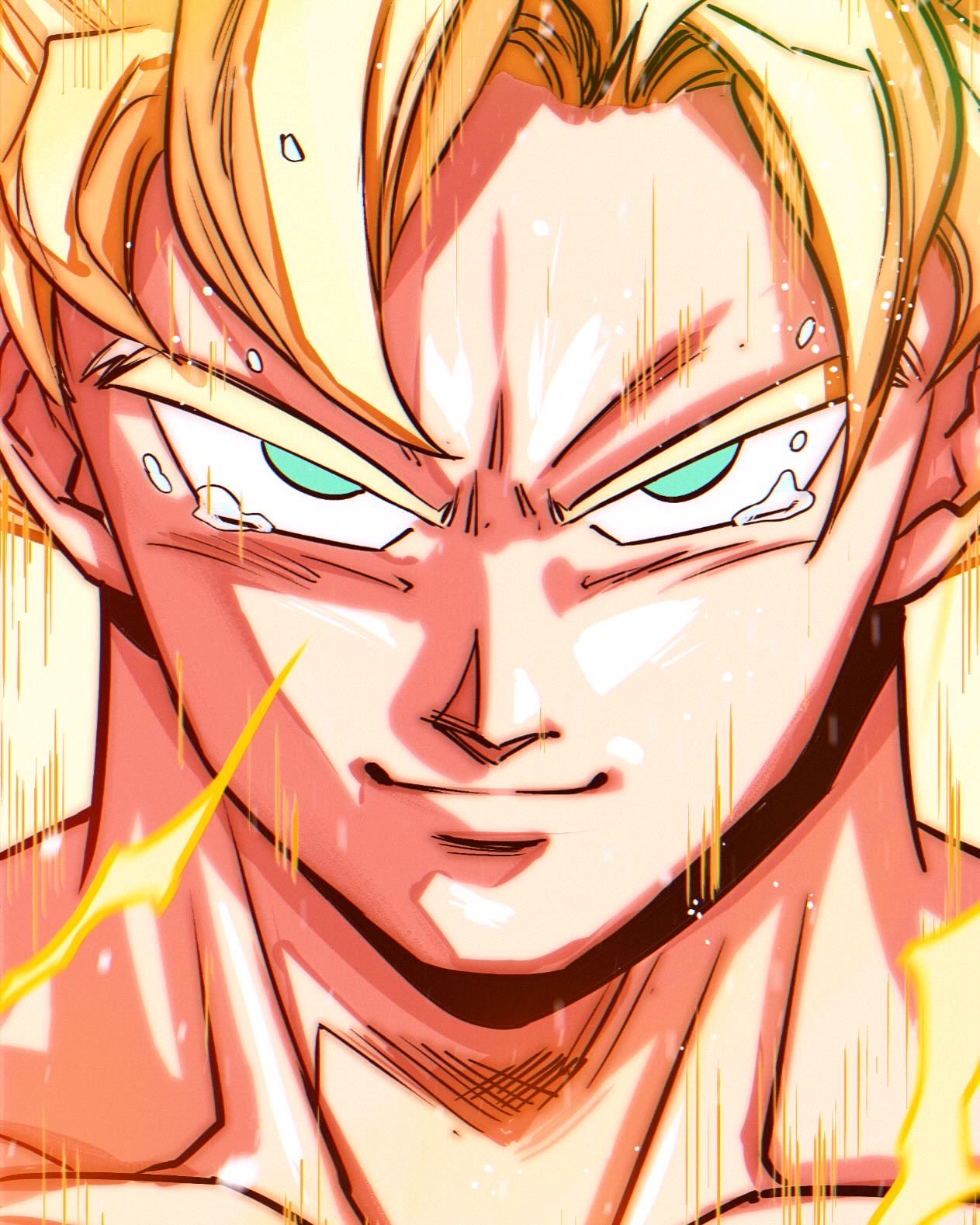 blonde_eyebrows, blonde_hair, close-up, collarbone, dragon_ball, dragon_ball_z, energy, floating_tears