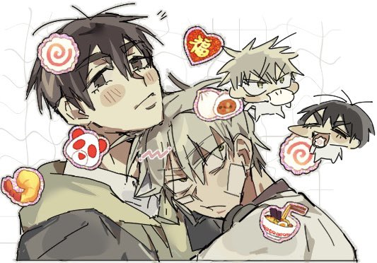 2boys, alien_stage, black_eyes, black_jacket, blush, chibi, closed_eyes, commentary, dokusuji_(kw9onou58), food, food_in_mouth, good_fortune_symbol, green_eyes, green_hoodie, head_on_chest, headphones, headphones_around_neck, hood, hoodie, ivan_(alien_stage), jacket, jacket_over_hoodie, kamaboko, male_focus, multiple_boys, narutomaki, noodles, ramen, shirt, shrimp, smile, steamed_bun, symbol-only_commentary, till_(alien_stage), v-shaped_eyebrows, white_shirt