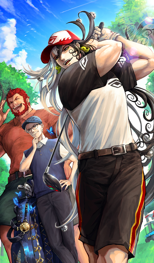 3boys, age_difference, animal, ashiya_douman_(fate), ashiya_douman_(power_shot)_(fate), baseball_cap, beard, bell