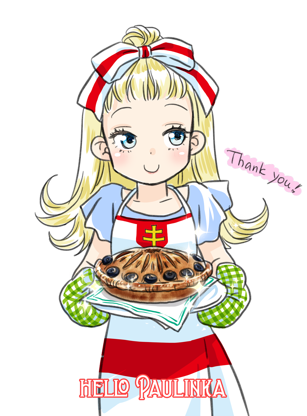 apron, belarus, belarusian_flag, blue_dress, blue_eyes, blush, checkered_mittens, collarbone