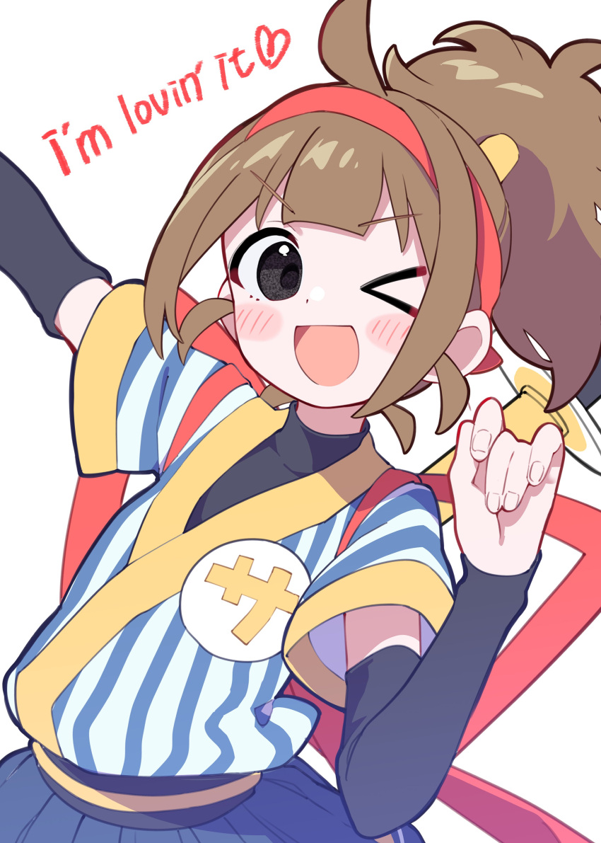 >_o, 1girl, :d, absurdres, back_bow, black_eyes, blue_shirt, blush_stickers