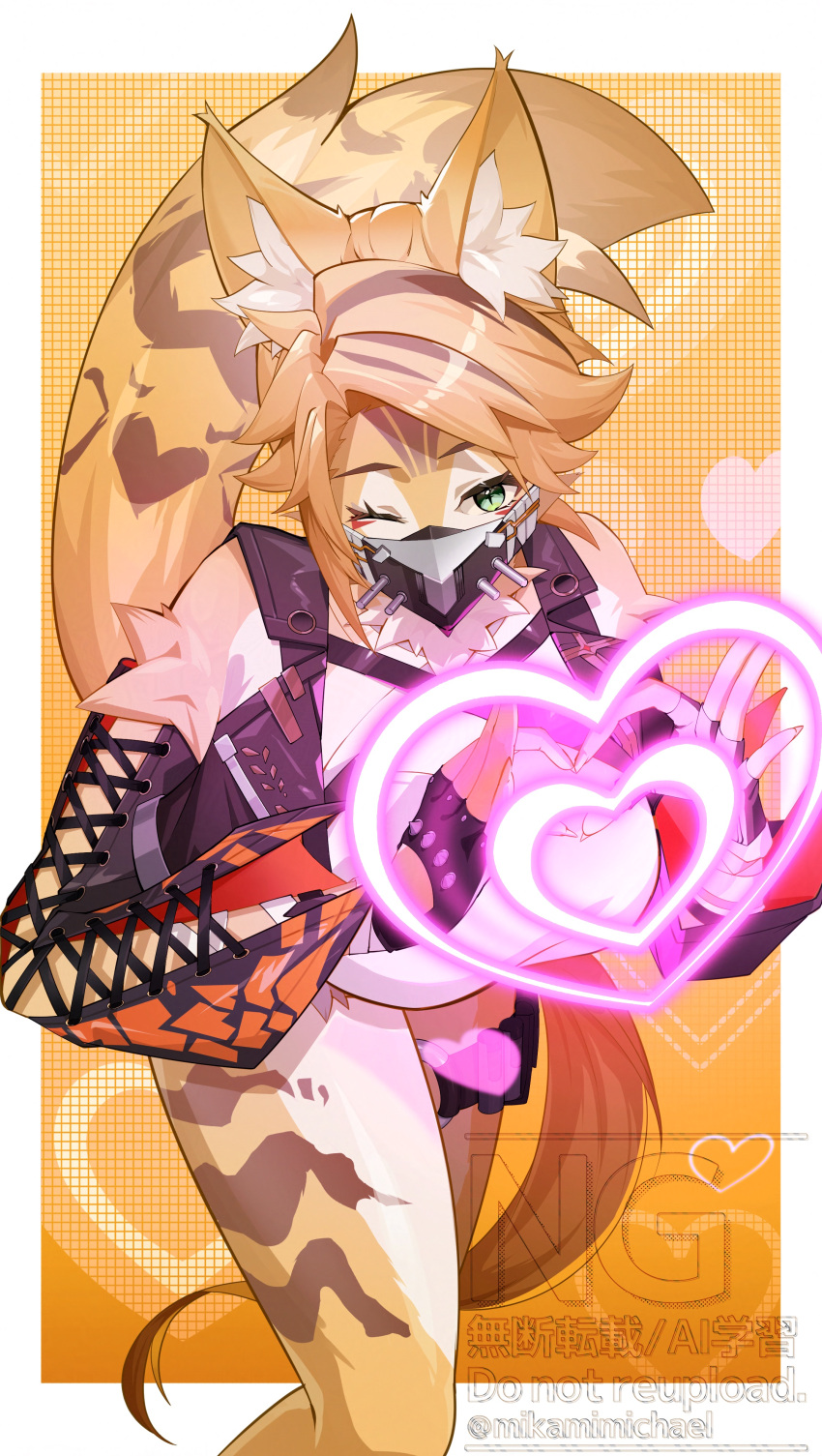 1girl, 4-finger_heart_hands, absurdres, animal_ear_fluff, black_gloves, black_jacket, black_mask, blonde_hair