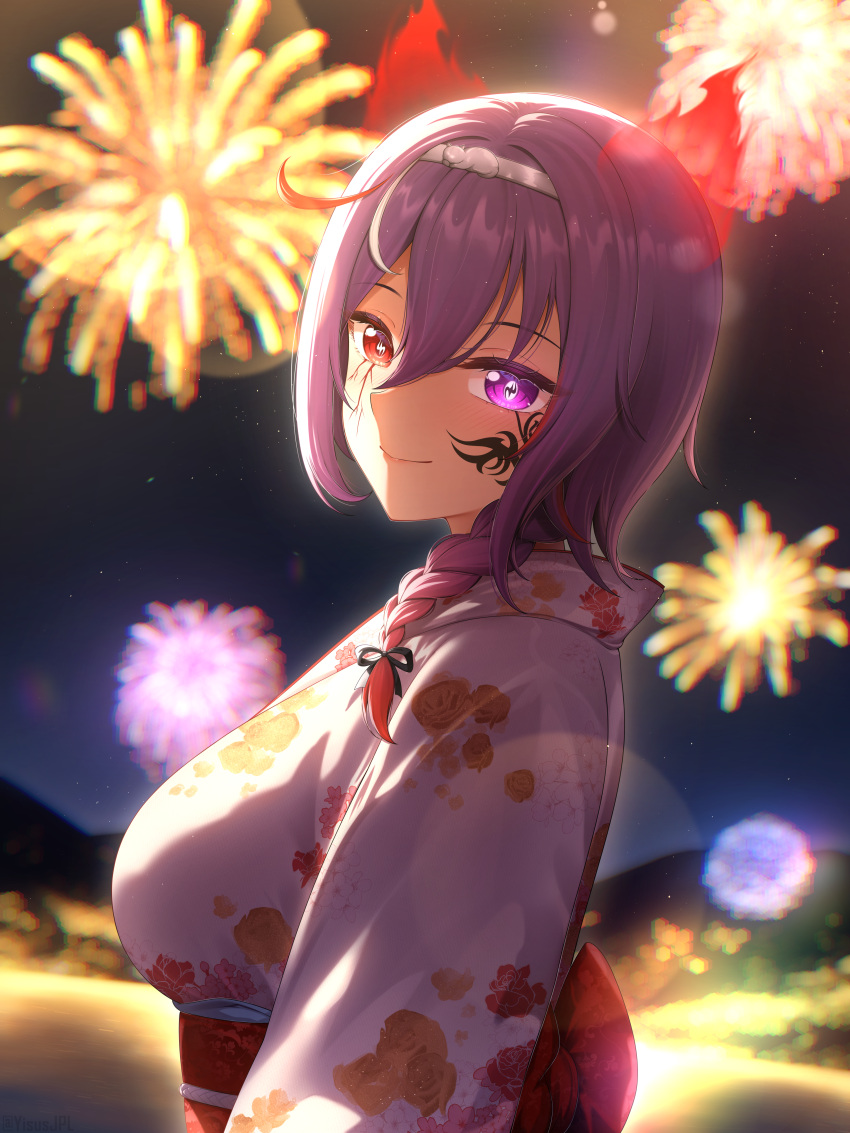 1girl, absurdres, aerial_fireworks, black_ribbon, braid, closed_mouth, commentary, fireworks