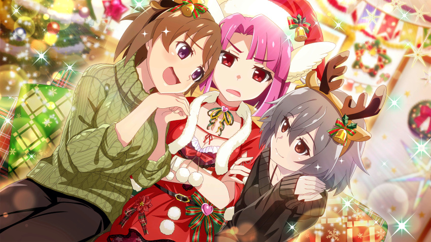 3girls, :d, akasaka_miyuki, angel_wings, annoyed, antlers, belt, black_belt
