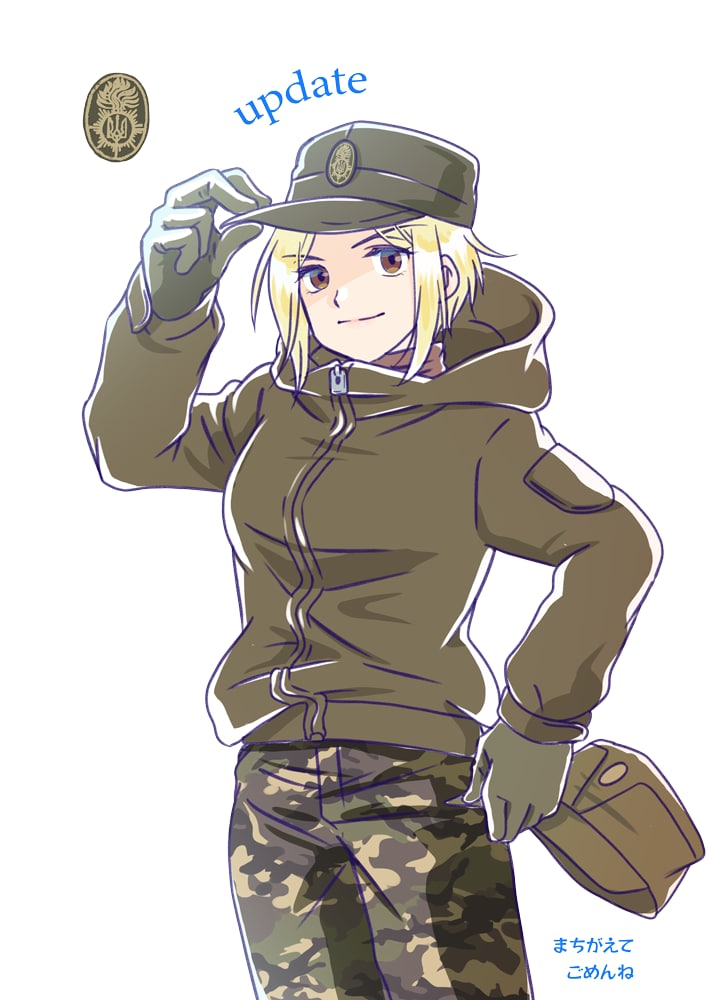 1girl, azov_battalion, blonde_hair, breasts, brown_eyes, brown_jacket, brown_sweater, camouflage, camouflage_pants, cargo_pants, gloves, green_gloves, hand_on_own_hat, hand_on_own_hip, hand_up, hat, holding, holding_hat, holding_unworn_clothes, hood, jacket, japanon, long_sleeves, looking_at_viewer, loose_clothes, marichka, medium_breasts, medium_hair, military, national_guard_of_ukraine, original, pants, patch, peaked_cap, pink_lips, russo-ukrainian_war, shoulder_patch, sidelocks, smile, smirk, soldier, sweater, turtleneck, white_background, zipper, zipper_pull_tab