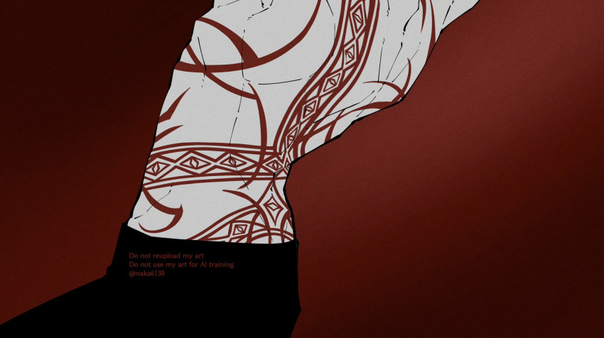 1boy, arched_back, arms_up, back_muscles, black_pants, crest, highres, male_focus