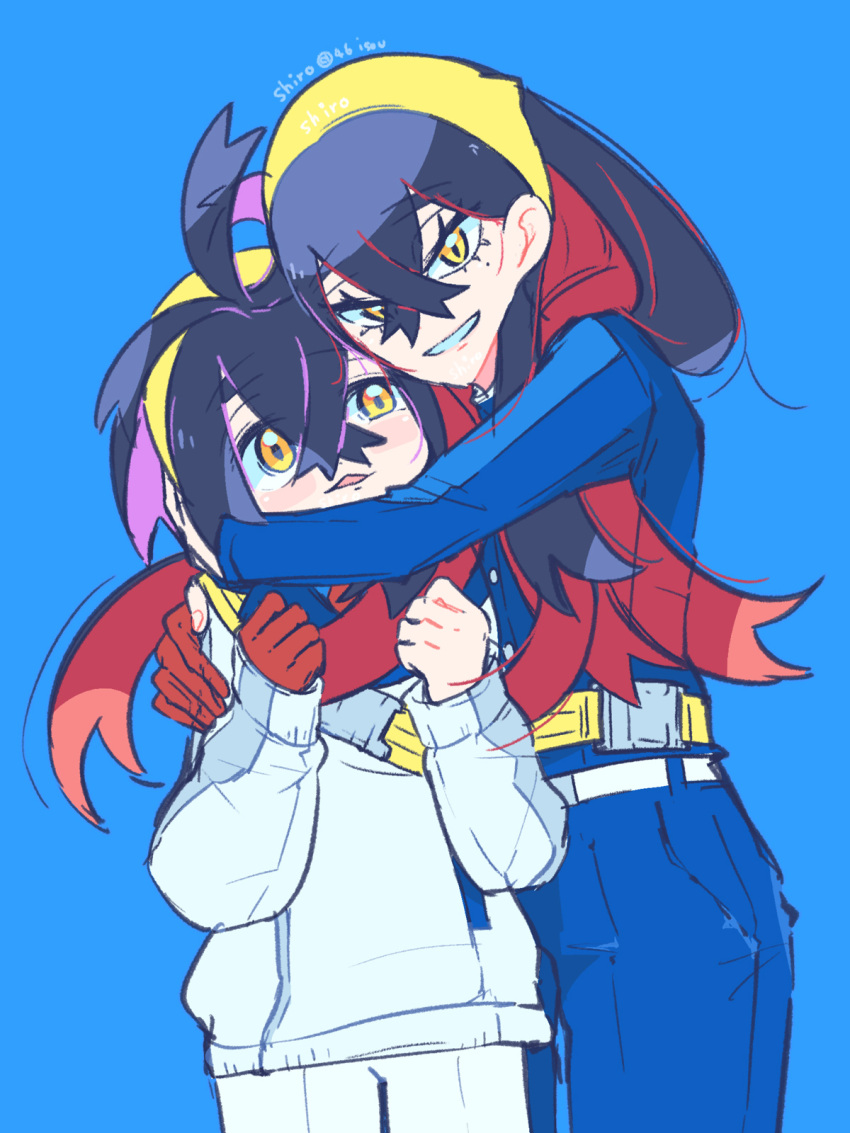 1boy, 1girl, arms_around_neck, black_hair, blue_background, blue_jacket, blue_pants, blush