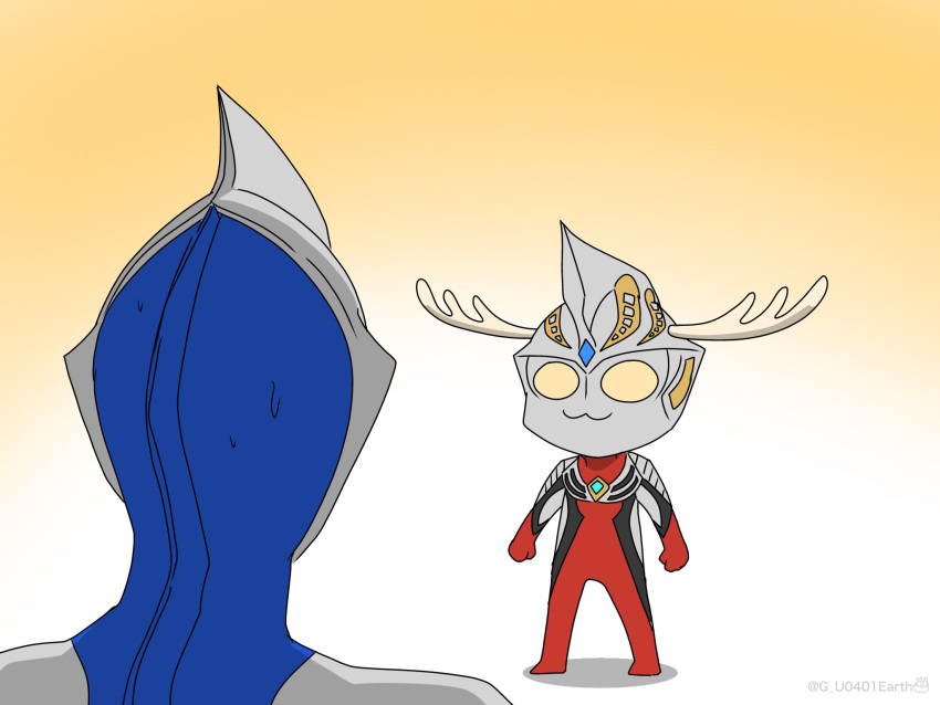 2boys, :3, alien, antlers, black_skin, blue_gemstone, blue_skin, brown_background, chibi, colored_skin, commentary, deer_antlers, forehead_jewel, from_behind, full_body, g_u0401earth, gem, gold_skin, gradient_background, han_megumi, highres, horns, looking_at_another, multicolored_skin, multiple_boys, red_skin, shadow, shikanoko_noko, shikanoko_nokonoko_koshitantan, silver_skin, standing, sweatdrop, tokusatsu, twitter_username, ultra_series, ultraman_cosmos, ultraman_cosmos_(series), ultraman_justice, voice_actor_connection, white_background, yellow_eyes
