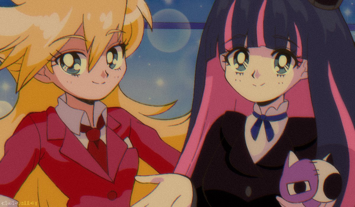 1990s_(style), 2girls, aqua_eyes, black_hat, black_jacket, blazer, blonde_hair, blue_background