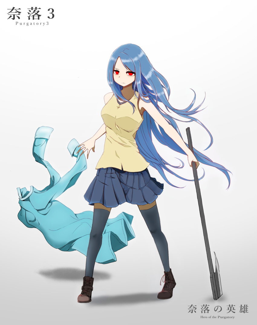 1girl, axe, bare_shoulders, black_thighhighs, blue_coat, blue_hair, blue_skirt, coat