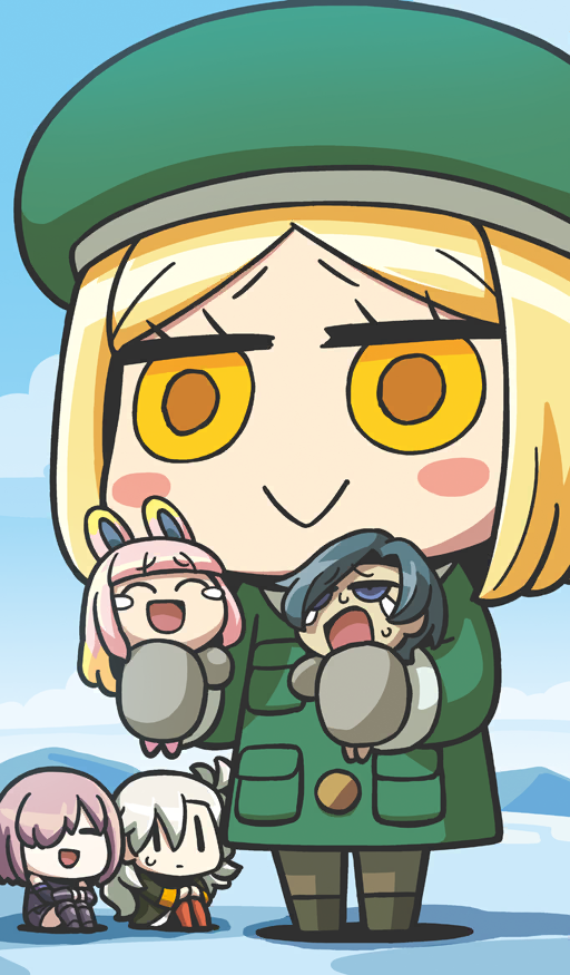 5girls, :>, animal_ears, armor, assassin_(learning_with_manga!_fgo), beret, black_armor, black_boots, black_hair, black_jacket, black_leotard, black_sleeves, blonde_hair, blue_background, blue_eyes, blue_sky, blunt_bangs, blush_stickers, boots, brown_boots, brown_pants, buttons, chibi, chibi_only, closed_eyes, closed_mouth, clouds, coat, commentary, crying, crying_with_eyes_open, detached_sleeves, fate/grand_order, fate_(series), giant, giantess, green_coat, green_hat, grey_mittens, hair_over_one_eye, hat, holding, jacket, knees_up, learning_with_manga!_fgo, leotard, long_hair, long_sleeves, mash_kyrielight, mash_kyrielight_(demi-servant), medium_hair, mittens, mountainous_horizon, multicolored_hair, multiple_girls, official_art, olga_marie_animusphere, one_eye_covered, open_mouth, orange_pantyhose, outdoors, pants, pantyhose, parted_bangs, paul_bunyan_(fate), pink_hair, pocket, rabbit_ears, rabbit_girl, rider_(learning_with_manga!_fgo), riyo_(lyomsnpmp), short_hair, sitting, size_difference, sky, small_sweatdrop, smile, standing, tears, third-party_source, two-tone_hair, white_hair, yellow_eyes, |_|