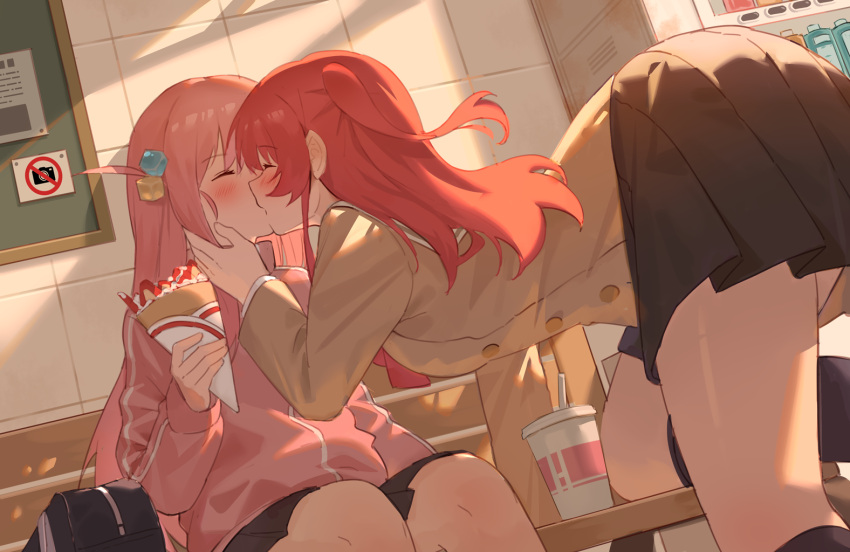 2girls, bag, bench, black_bag, black_skirt, black_socks, blush, bocchi_the_rock!