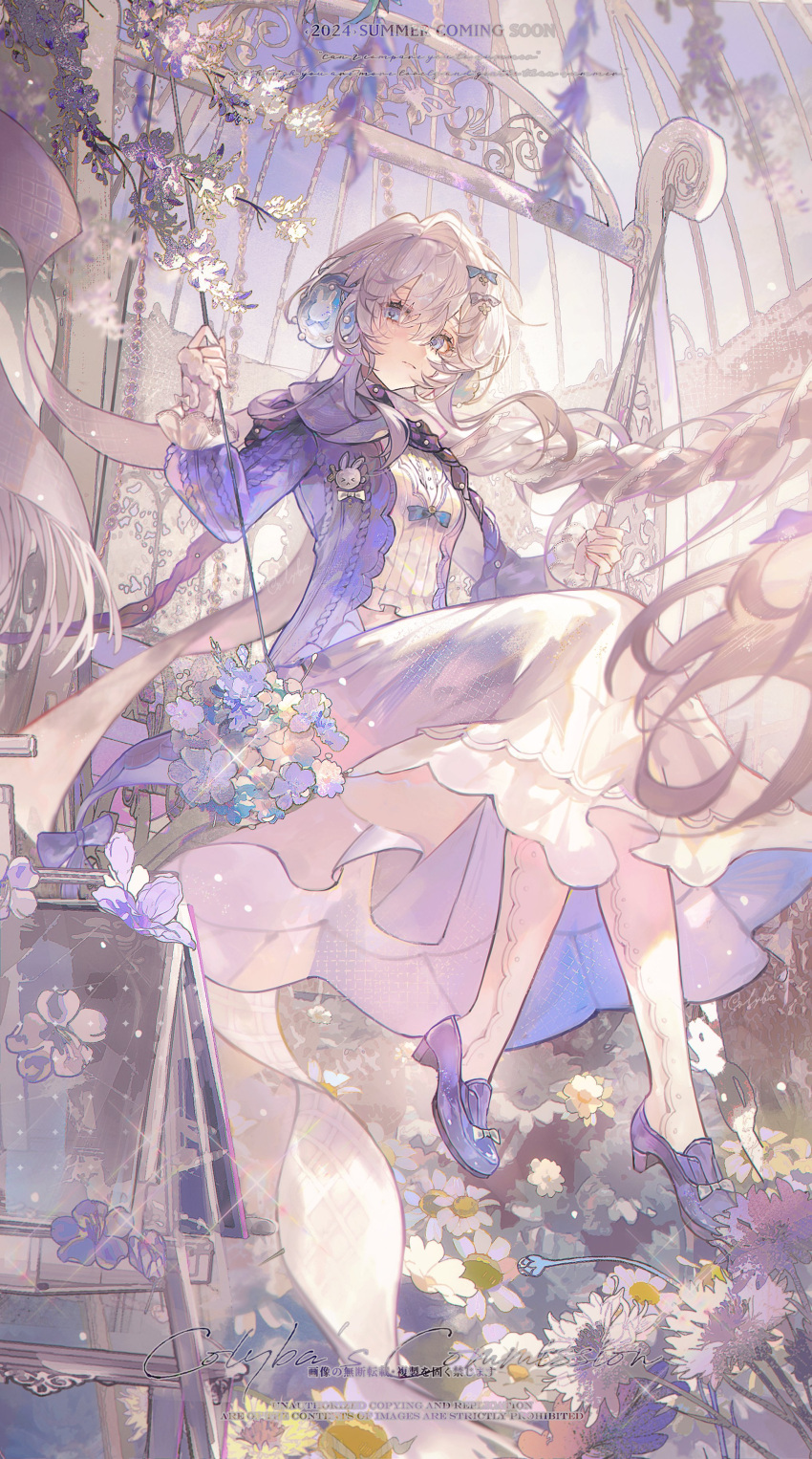 1girl, absurdres, blue_eyes, braid, cable_knit, colyba, dress_shoes, floral_background