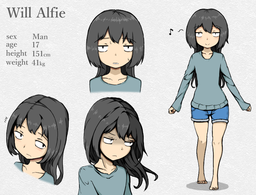 1boy, androgynous, barefoot, black_hair, grey_shirt, jitome, long_hair, long_sleeves