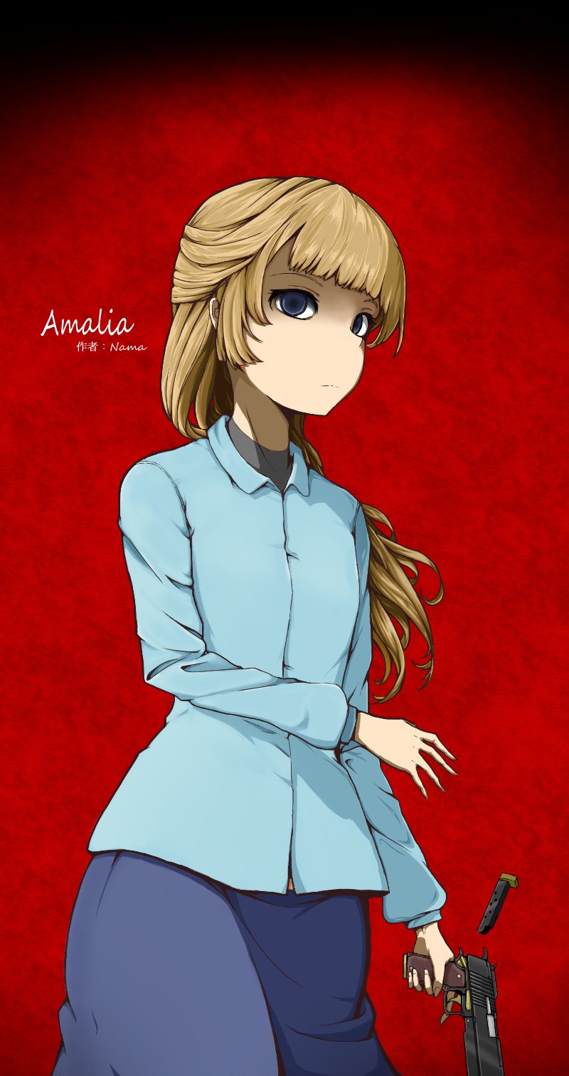 1girl, amalia_lobelia, blonde_hair, blue_shirt, empty_eyes, gun, handgun, highres