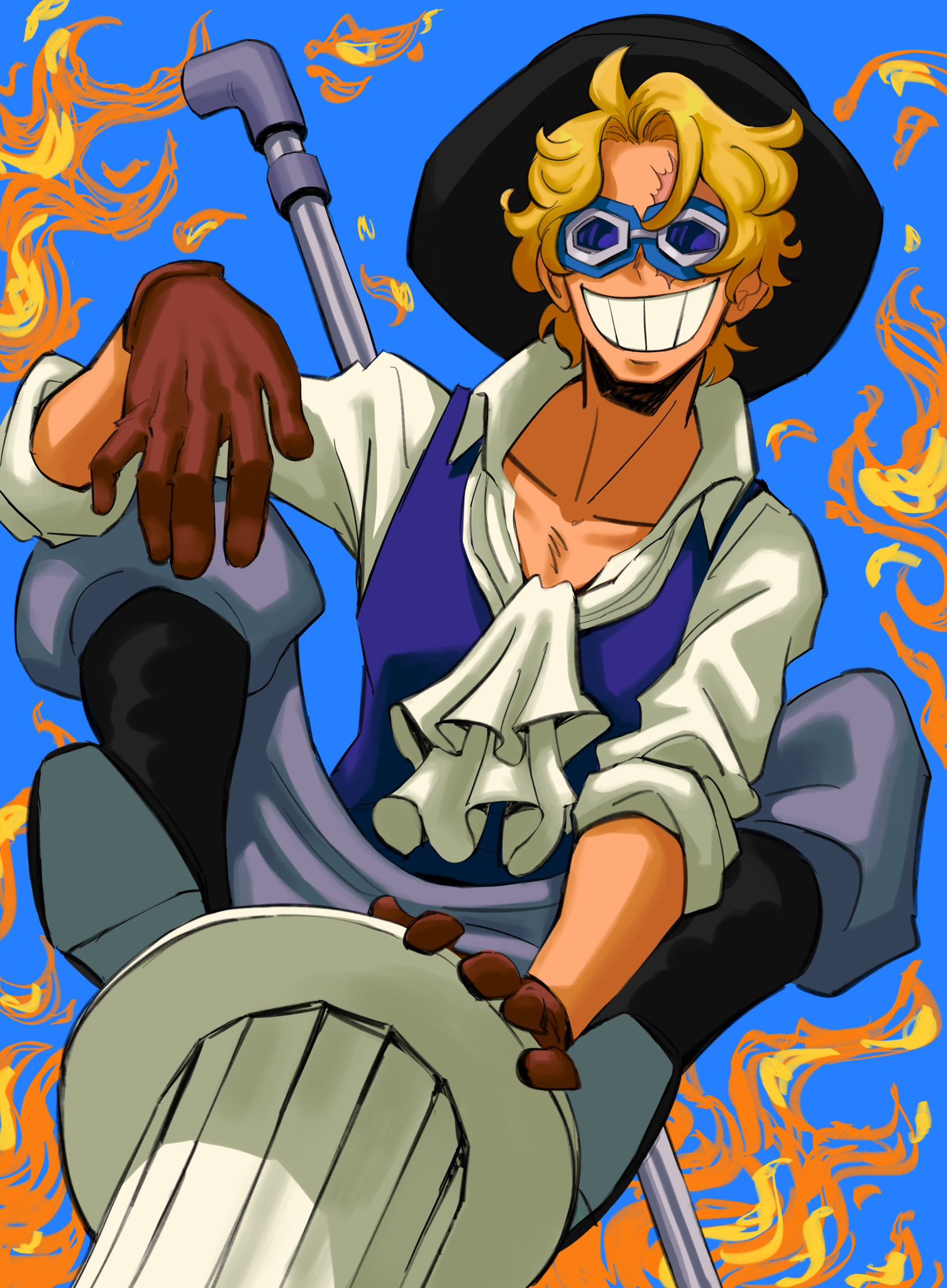 1boy, ascot, black_hat, blonde_hair, brown_gloves, burn_scar, carli_(carliwara), clenched_teeth
