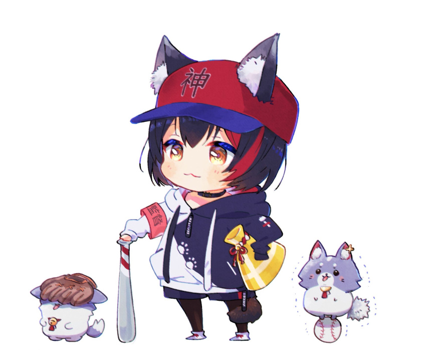 1girl, :3, animal_ear_fluff, animal_ears, armband, baseball_bat, baseball_cap, black_choker