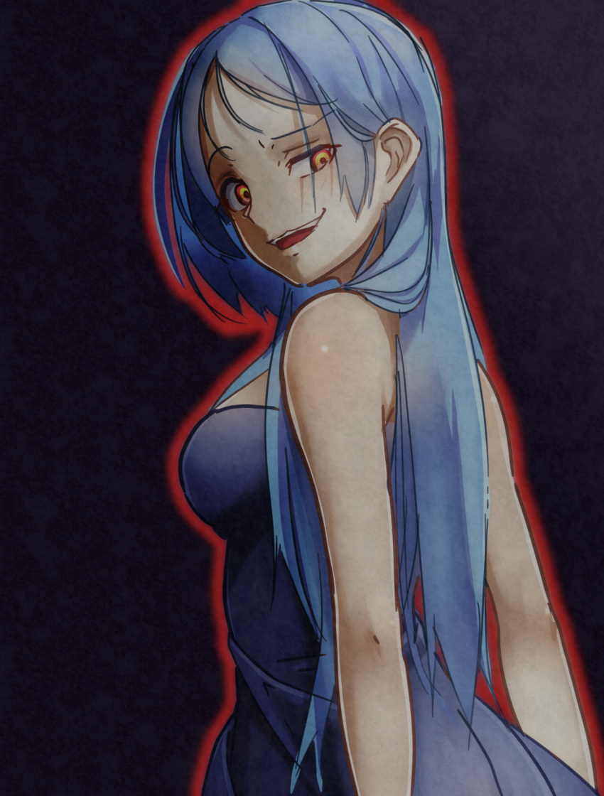 1girl, bare_shoulders, blue_dress, blue_hair, crazy_eyes, degtyaryov2952, dress, enri_louvre