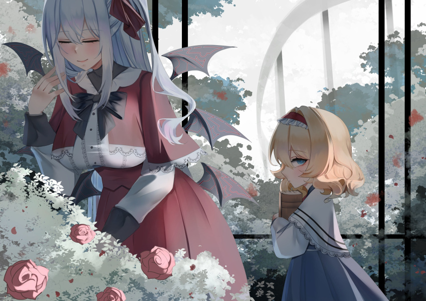 2girls, absurdres, aged_down, alice_margatroid, blonde_hair, blouse, blue_dress, bush, capelet, closed_eyes, demon_wings, dress, flower, garden, grey_hair, hairband, highres, long_hair, long_skirt, medium_hair, multiple_girls, no_noru, red_capelet, red_flower, red_skirt, shinki_(touhou), shirt, skirt, touhou, touhou_(pc-98), upper_body, white_capelet, white_shirt, wings