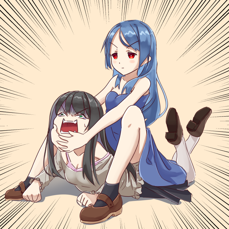2girls, bare_shoulders, black_hair, blue_dress, blue_hair, degtyaryov2952, dress, emma_white