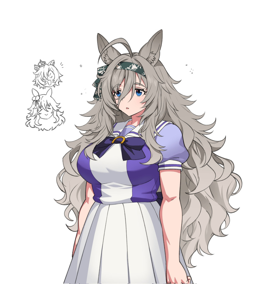 3girls, ahoge, animal_ear_fluff, animal_ear_piercing, arms_at_sides, bow, bowtie, commentary, cowboy_shot, crown, doodle_inset, ear_ornament, fukuro_(maruaru00), genderswap, genderswap_(mtf), grey_hair, hair_between_eyes, hair_intakes, headband, highres, huge_ahoge, koolinger_(racehorse), long_hair, mini_crown, multiple_girls, original, personification, pleated_skirt, puffy_short_sleeves, puffy_sleeves, purple_bow, purple_bowtie, purple_shirt, sailor_collar, school_uniform, shirt, short_hair, short_sleeves, shorts, sidelocks, simple_background, skirt, sleepy, solo_focus, summer_uniform, t.m._opera_o_(umamusume), tracen_school_uniform, umamusume, very_long_hair, white_background, white_sailor_collar, white_skirt, wonder_acute_(umamusume)