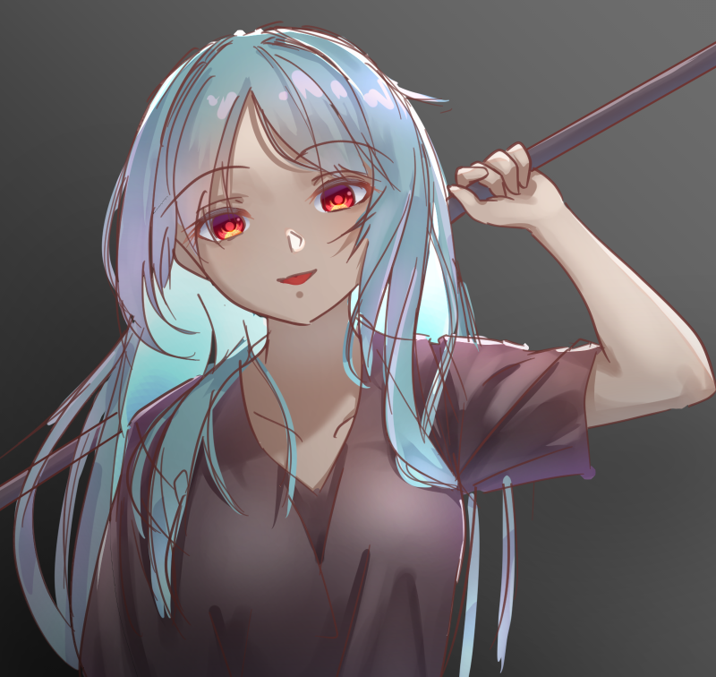1girl, blue_hair, degtyaryov2952, dress, enri_louvre, grey_dress, holding, holding_weapon