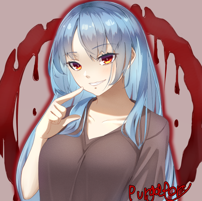 1girl, blood, blue_hair, copyright_name, degtyaryov2952, dress, enri_louvre, grey_dress