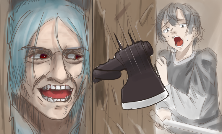 1boy, 1girl, axe, black_hair, black_shirt, breaking, broken_door, crazy_eyes, degtyaryov2952, door, ebel_alfie, enri_louvre, evil_smile, here's_johnny!_(meme), hole, layered_sleeves, long_hair, long_sleeves, meme, naraku, naraku_2, panicking, parody, purgatory_(series), rape_face, scared, scene_reference, screaming, shirt, short_hair, short_over_long_sleeves, short_sleeves, smile, the_shining, wooden_door