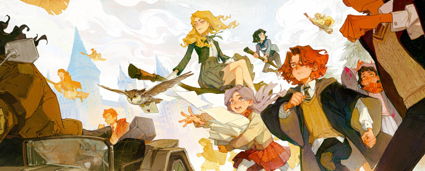 5boys, 6+girls, bird, black_hair, black_pants, broom, broom_riding, brown_coat