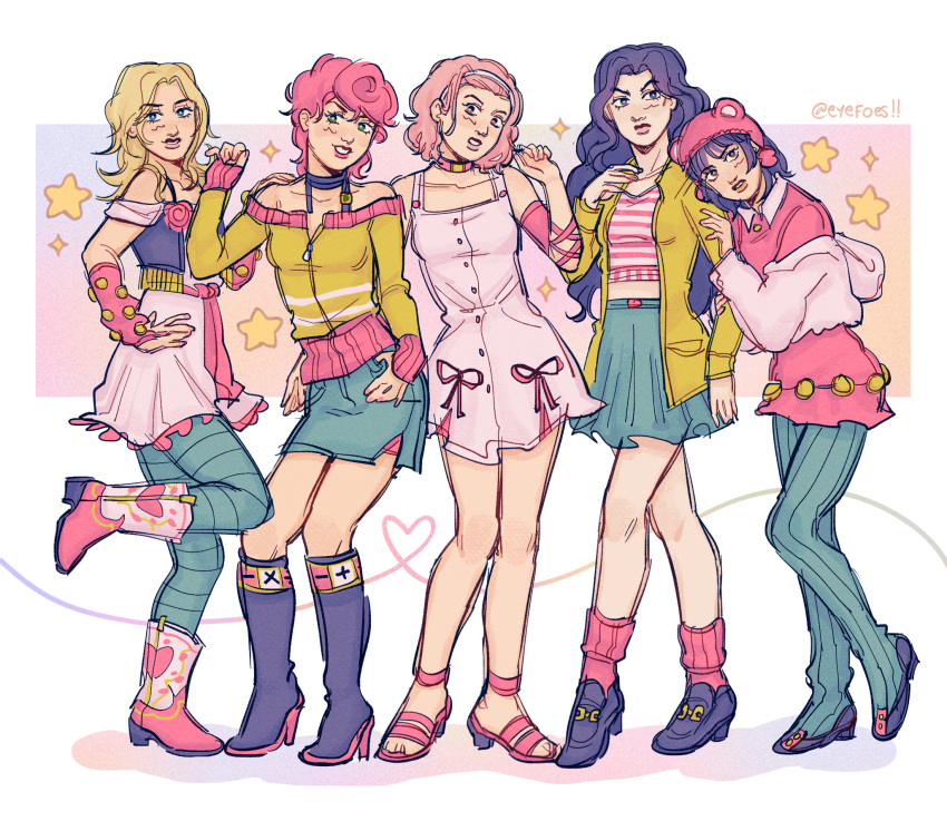 5girls, alternate_costume, animal_ears, bare_shoulders, bear_ears, black_boots, black_hair, blonde_hair, boots, bridal_gauntlets, diamond_wa_kudakenai, dress, eyefoes, fake_animal_ears, green_pants, hat, higashikata_daiya, highres, jacket, jojo_no_kimyou_na_bouken, jojolion, long_hair, lucy_steel, multiple_girls, pants, pink_bridal_gauntlets, pink_dress, pink_hair, pink_hat, shirt, short_hair, steel_ball_run, striped_clothes, striped_shirt, sugimoto_reimi, trish_una, vento_aureo, white_dress, yamagishi_yukako, yellow_jacket