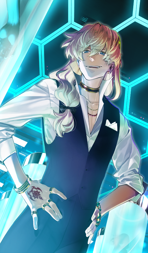 1boy, 2others, aqua_background, aqua_eyes, atram_galiast, bangle, black_bow, black_pants
