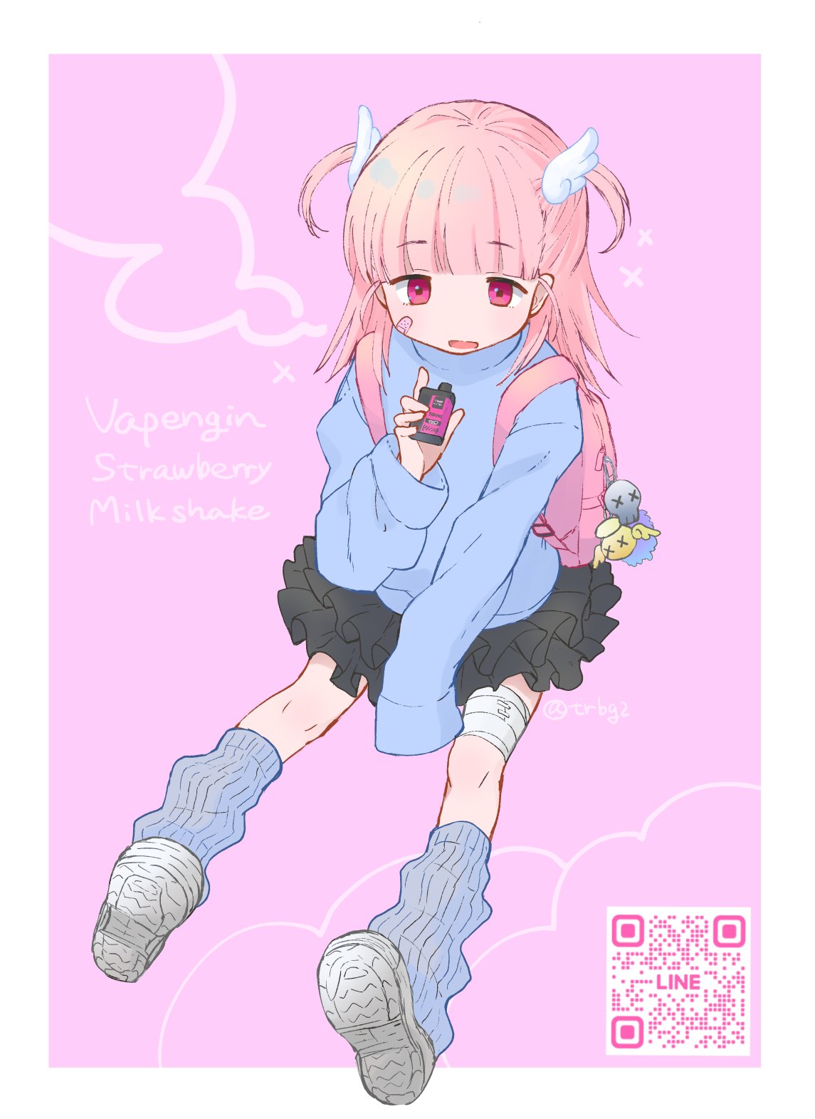 1girl, bandaid, bandaid_on_face, black_skirt, blue_shirt, blue_socks, border, electronic_cigarette, hair_ornament, highres, long_sleeves, no_nose, open_mouth, original, pink_bag, pink_hair, qr_code, shirt, shoes, skirt, sneakers, socks, solo, tarabagani, vapengin, white_border, wing_hair_ornament