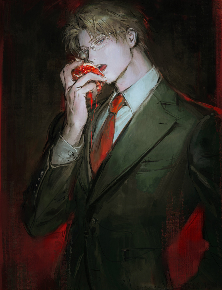 1boy, absurdres, black_background, black_jacket, brown_hair, collared_shirt, creamyghost, food