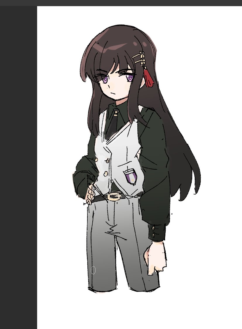 belt, black_hair, hair_ornament, heaven_burns_red, long_hair, long_sleeves, nikaidou_misato, pants
