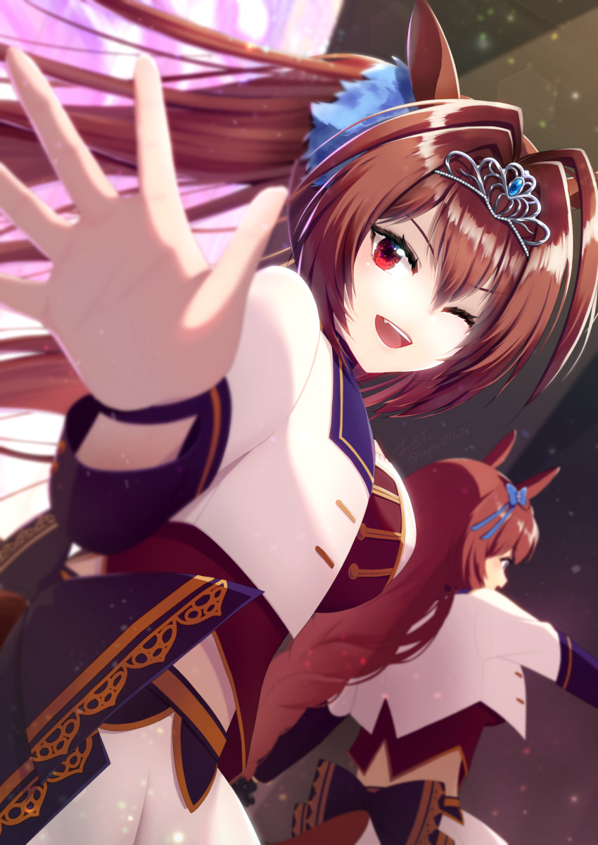 2girls, ;d, animal_ears, asashizuku, brown_hair, daiwa_scarlet_(umamusume), double-parted_bangs, fang