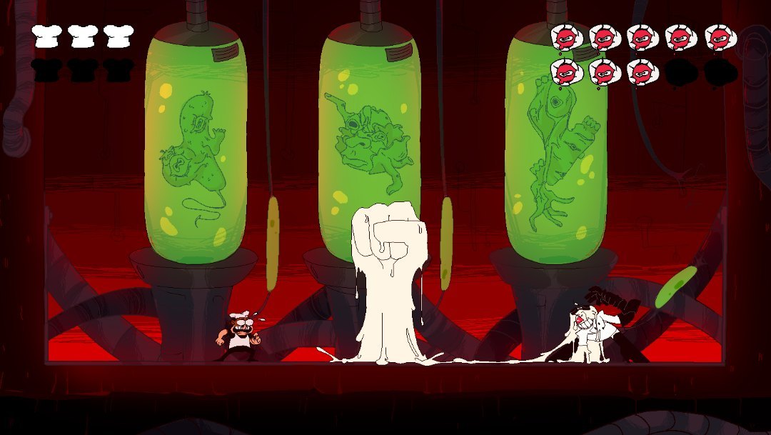 1boy, 1girl, black_boots, black_gloves, boots, boss_fight, cheese, cheese_hair, cheese_trail, facial_hair, fetus, fighting, food, gloves, laboratory, mother_agony, mozzarella_(mother_agony), mustache, original, peppino_spaghetti, pizza_tower, red_eyes, sprite, sprite_art