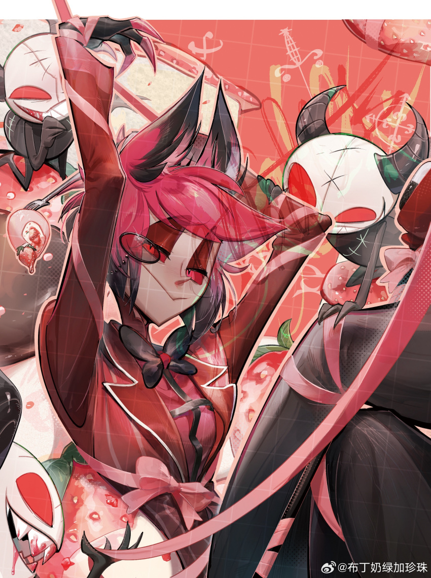 1boy, absurdres, alastor_(hazbin_hotel), animal_ears, arm_up, black_bow, black_pants, bow, closed_mouth, colored_skin, deer_boy, deer_ears, demon, food, fruit, grey_skin, hazbin_hotel, highres, jacket, looking_at_viewer, male_focus, mbdtz, monocle, pants, red_eyes, red_hair, red_jacket, ribbon, strawberry