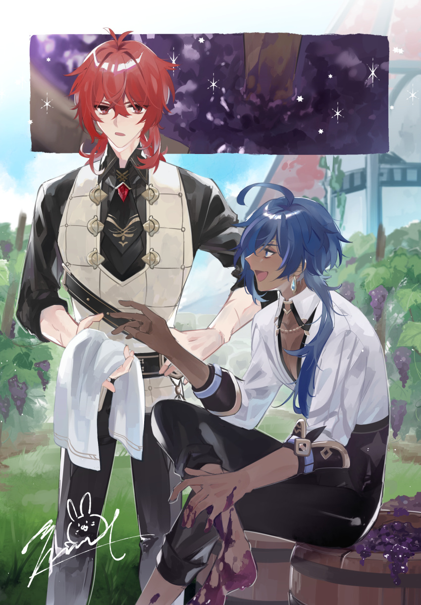 2boys, absurdres, blue_hair, dark-skinned_male, dark_skin, diluc_(genshin_impact), dirty, dirty_feet, food, fruit, genshin_impact, grape_stomping, grapes, hair_between_eyes, highres, holding, holding_towel, jam, kaeya_(genshin_impact), male_focus, multiple_boys, open_mouth, outdoors, pants, red_eyes, shirt, sparkle, towel, vest, vineyard, white_shirt, white_vest, zoo_min