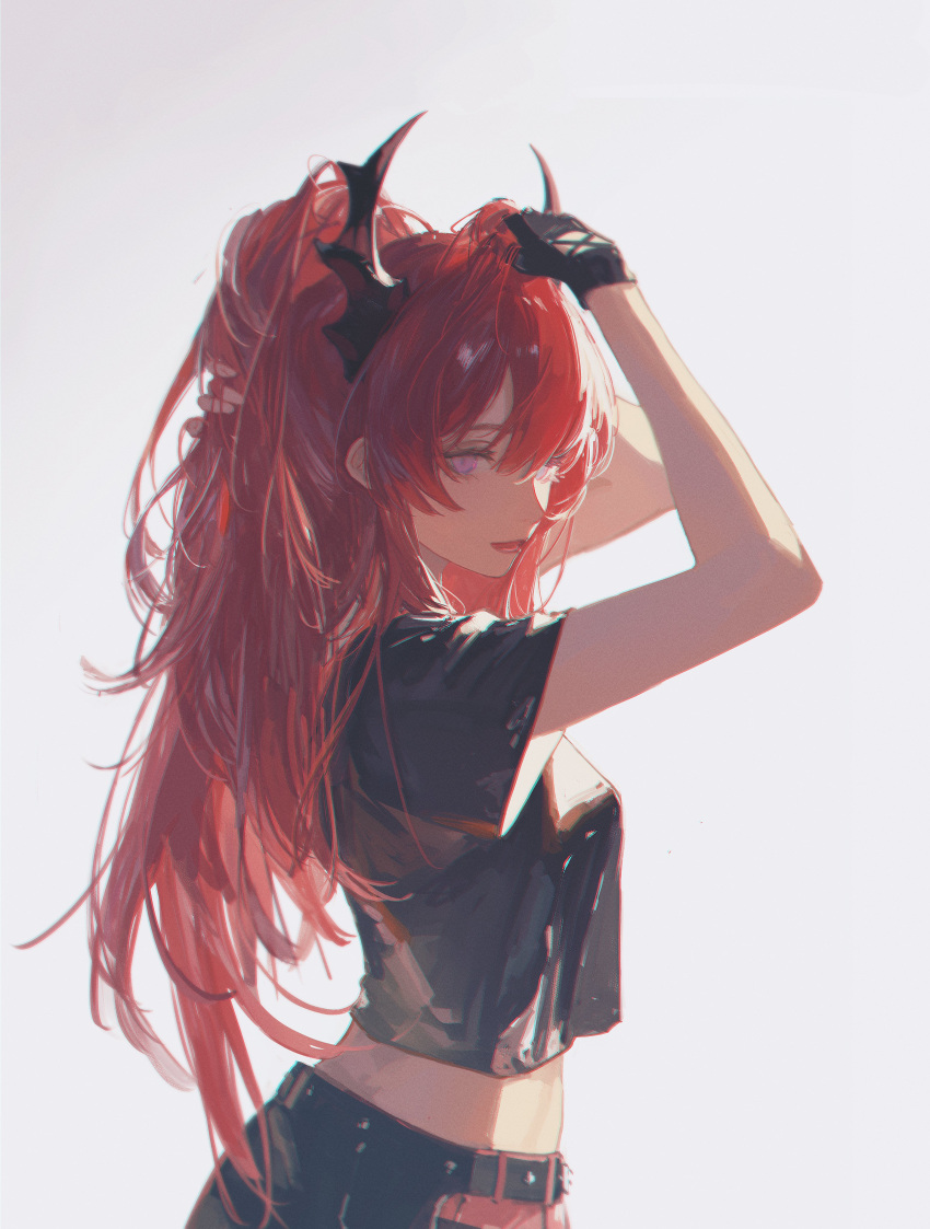 1girl, 96yottea, absurdres, adjusting_hair, arknights, backlighting, belt, black_gloves