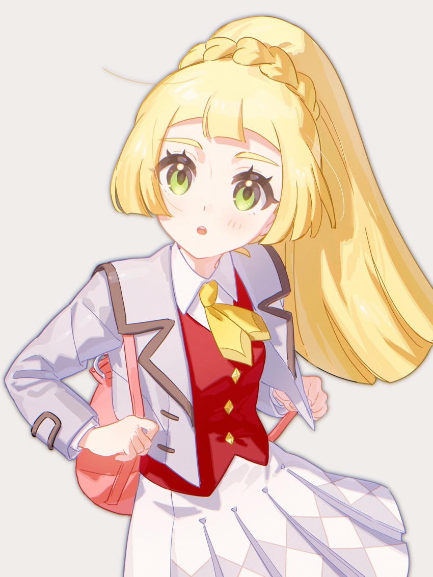 1girl, backpack, bag, blonde_hair, blush, cosplay, fua1heyvot4ifsr, green_eyes, highres, lillie_(pokemon), looking_at_viewer, pokemon, pokemon_masters_ex, pokemon_sm, ponytail, rosa_(pokemon), rosa_(pokemon)_(cosplay), school_uniform, skirt, solo
